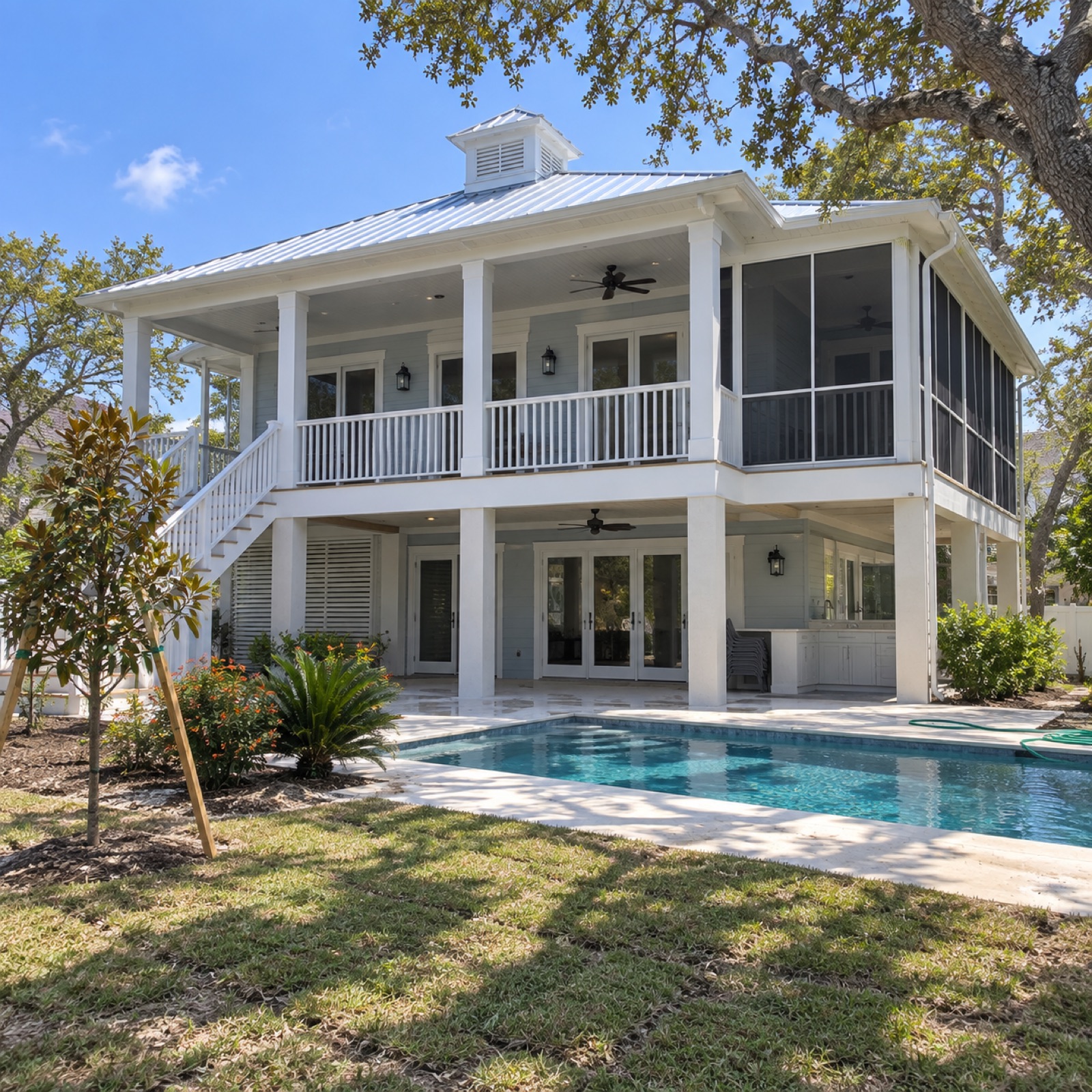 Key West style Florida home rear outdoor living