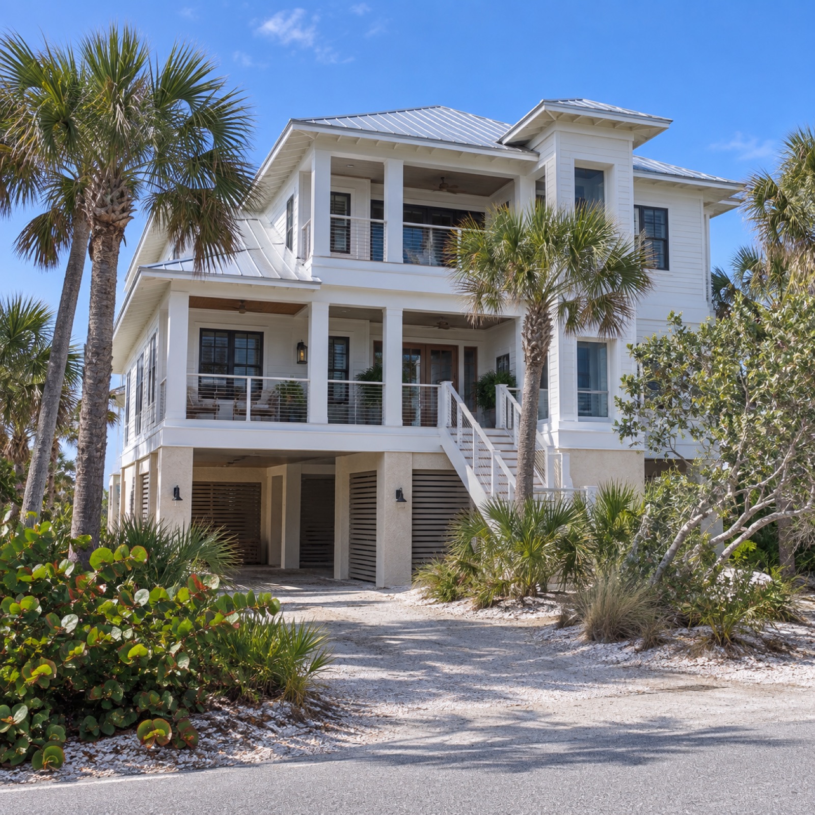 Manasota Key inspired elevated coastal home front exterior design study