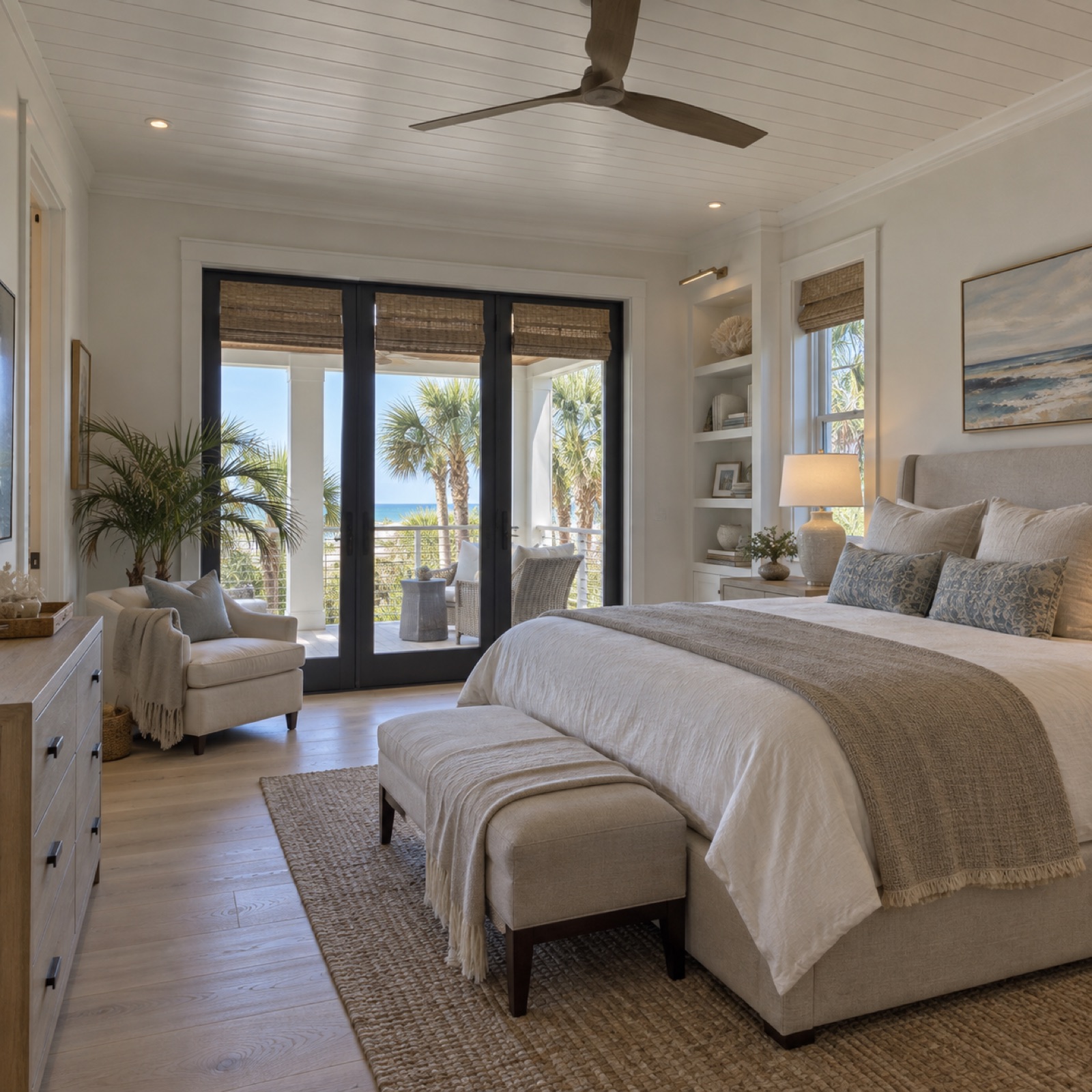 Coastal home primary suite and bathroom concept