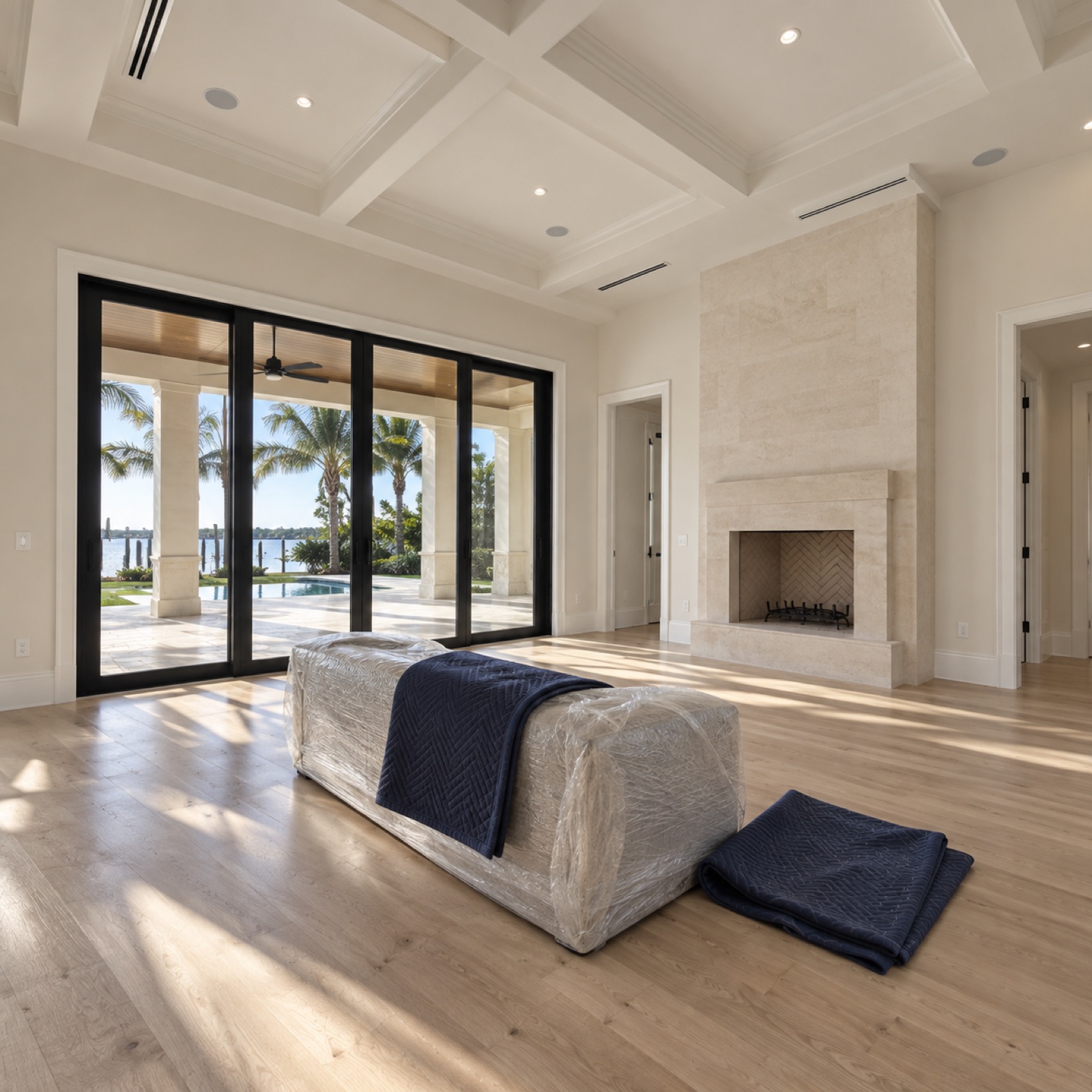 Transitional coastal estate great room
