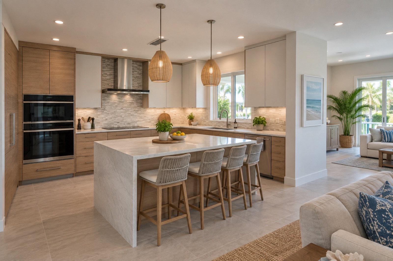 Warm coastal Florida kitchen renovation wide view