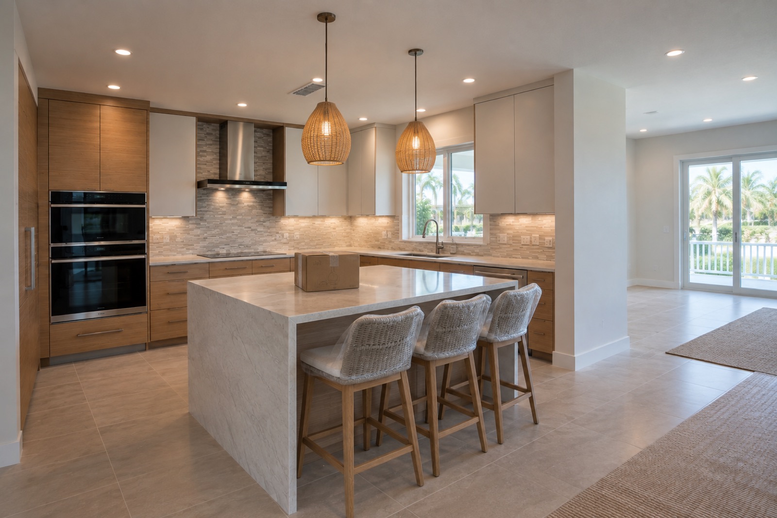 Coastal kitchen island and dining connection